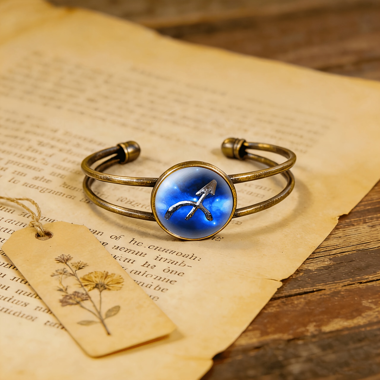 Antique Cyan Double-Layer Adjustable Opening Bracelet, Pisces Design
